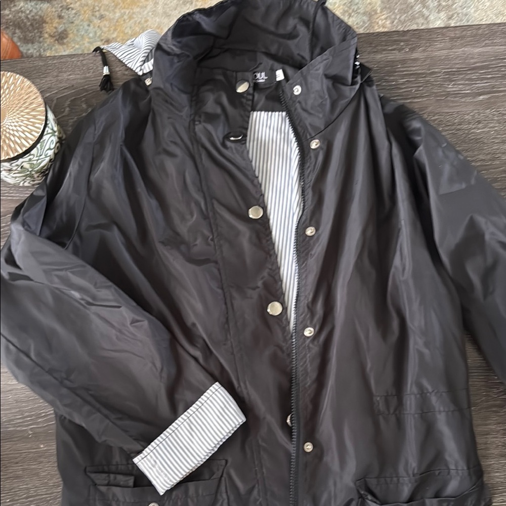 Black Hooded Jacket with Striped Lining